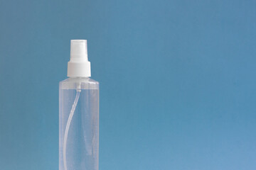 Spray bottle with antibacterial sanityzer. Prevention of pandemia. Concept of hygiene, cleanliness and health protection