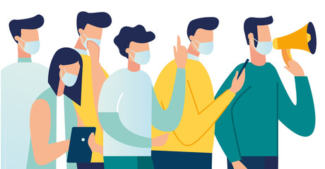 Vector illustration of New Coronavirus (2019-nKoV), people in white medical mask communicate through social networks online. ban on contact, Quarantine coronavirus concept