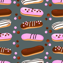 Eclairs with chocolate, pink and white icing on a gray background. Seamless pattern. Vector realistic drawing.