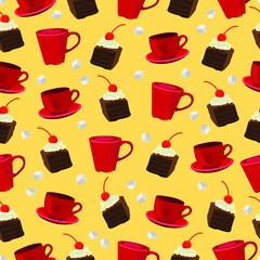 Red tea cups, chocolate muffins with cream and cherries, sugar cubes on a yellow background. Tea party, birthday party, sweet party. Seamless pattern.
