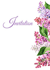 Lilac flowers border. Invitation card. Hand drawn watercolor illustration, isolated on white background