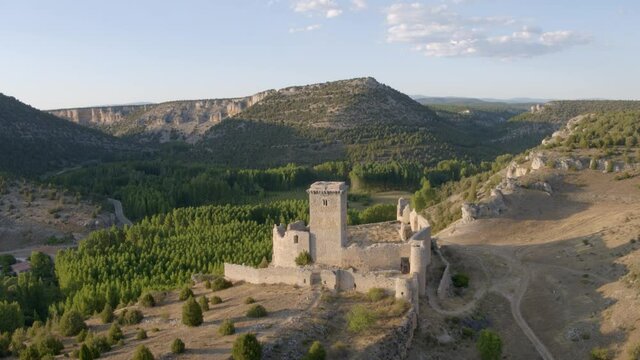 Medieval Defensive Construction Located in Ucero Built 12th Century. Castle of Ucero Drone Video Spain