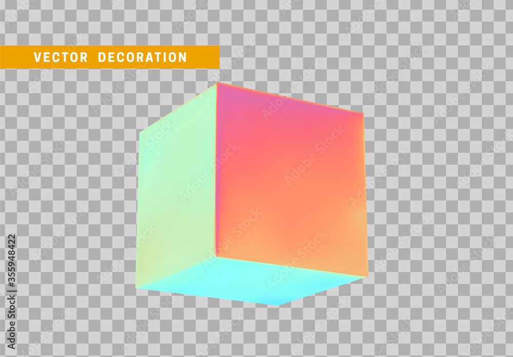 Poster cube is three-dimensional geometric shape isolated with colorful hologram chameleon color gradient. 