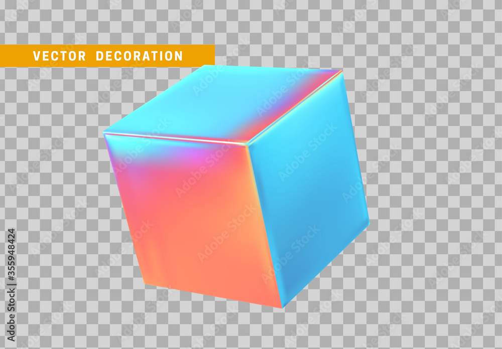 Poster cube is three-dimensional geometric shape isolated with colorful hologram chameleon color gradient. 