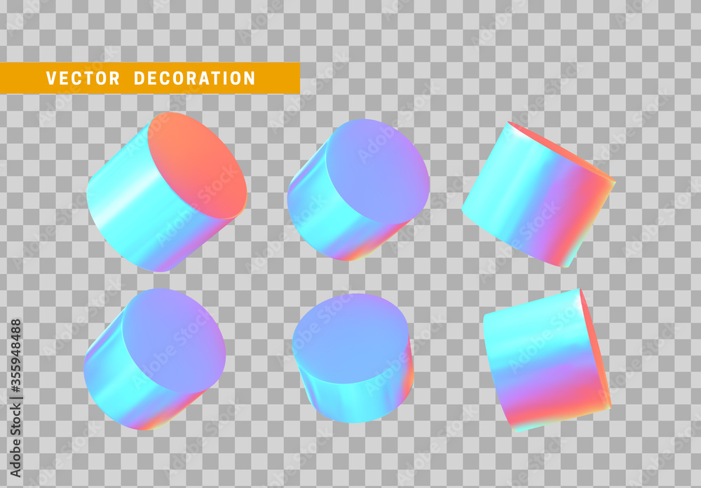 Poster cylinder 3d objects geometric shape. set round timber isolated with colorful hologram chameleon colo