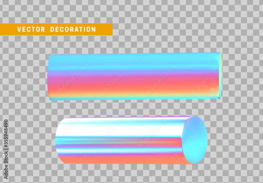 Poster cylinder 3d objects geometric shape. set round timber isolated with colorful hologram chameleon colo