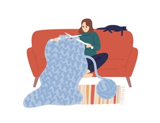 Domestic woman knit hold knitting needles and clew of thick yarn vector flat illustration. Creative female enjoying handmade hobby sit on comfy sofa isolated on white. Joyful lady use merino wool