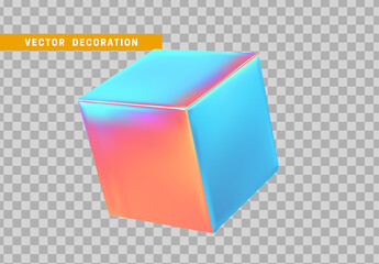 Cube is three-dimensional geometric shape isolated with colorful hologram chameleon color gradient. 3d objects block. vector illustration.