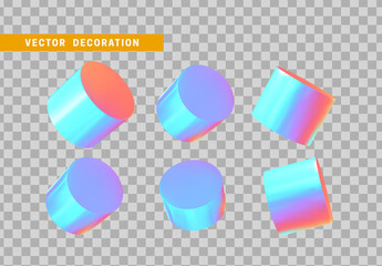Cylinder 3d objects geometric shape. Set Round timber isolated with colorful hologram chameleon color gradient. vector illustration