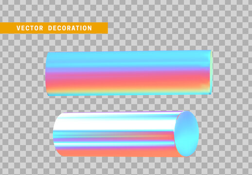 Cylinder 3d objects geometric shape. Set Round timber isolated with colorful hologram chameleon color gradient. vector illustration