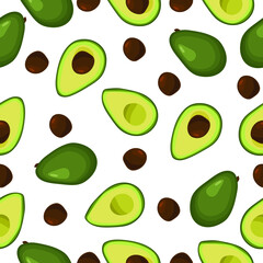 Seamless pattern with avocado on a white background. Cut in half green avocado and seeds. The view from the top. Banner, poster, wrapping paper, modern textile design, advertising materials