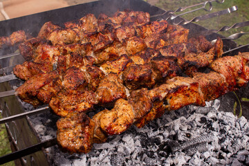 shish kebab in the open air on the grill.cooking meat on the street. street food. picnic. family rest. meat on the shampoo. heat from roast meat. heat from coals on the grill. Shish kebab from chicken