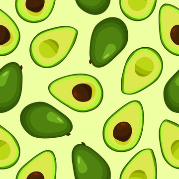 Seamless pattern with avocado. Halved green avocados. Top view. Banner, poster, wrapping paper, modern textile design, promotional material. Vector illustration.