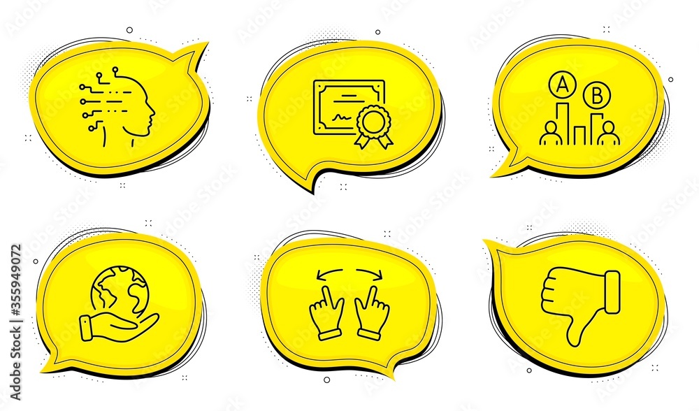 Poster ab testing sign. diploma certificate, save planet chat bubbles. move gesture, dislike hand and artif