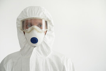 Doctor in Protective Suit Isolated on White.