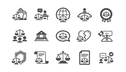 Court icons set. Scales of Justice, Lawyer and Judge. Law, Hammer and Petition document set icons. Judgment, justice, court injunction. Gavel judge hammer, rulings, presiding officer. Vector