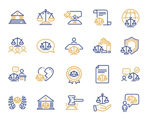 Court line icons. Scales of Justice, Lawyer and Judge. Hammer, Law and Petition document set icons. Judgment, justice, court injunction. Gavel judge hammer, rulings, presiding officer. Vector