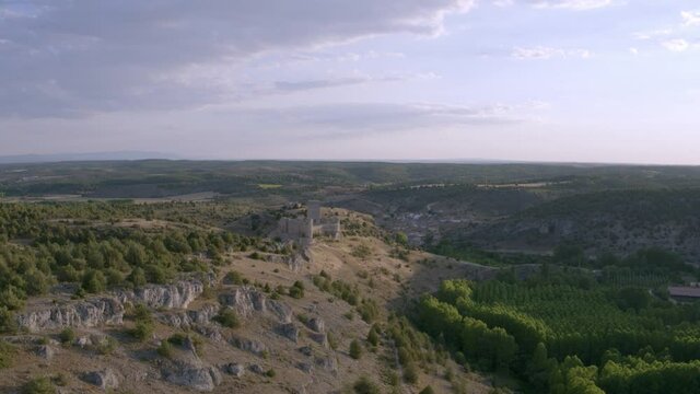 Medieval Defensive Construction Located in Ucero Built 12th Century. Castle of Ucero Drone Video Spain