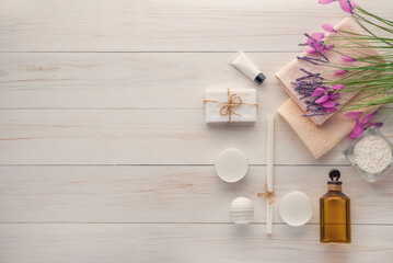 spa accessories on a white wooden table