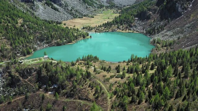 Circling around D'Aviolo Lake, Edolo, Brescia, Italy.
Drone View of Mountain Natural Lake.