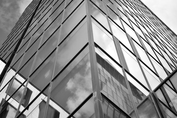 Urban geometry, looking up to glass building. Modern architecture, glass and steel. Abstract modern architecture design with high contrast black and white tone.