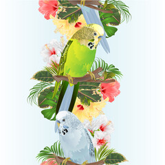 Vertical border seamless background birds Budgerigars, home pets ,green and blue  parakeet  on a branch bouquet with tropical flowers hibiscus, palm,philodendron vintage vector 