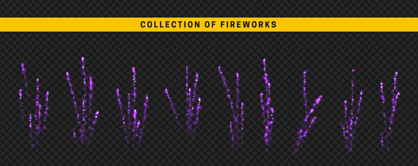 Set festive fireworks isolated on transparent background