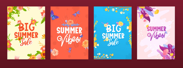 Colorful flowers and text lettering ad posters.
