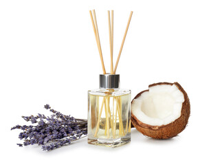 Reed diffuser, coconut and lavender on white background