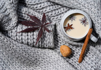 Fototapeta na wymiar Autumn vibes, mug of milk tea with spices and a chunky knit woolen gray background. 