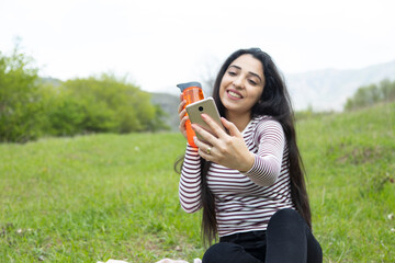 happy woman hand smart phone selfie