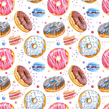 Donuts and macaroon seamless pattern on a white background. Print with sweets for fabric, wrapping paper, background for various designs.