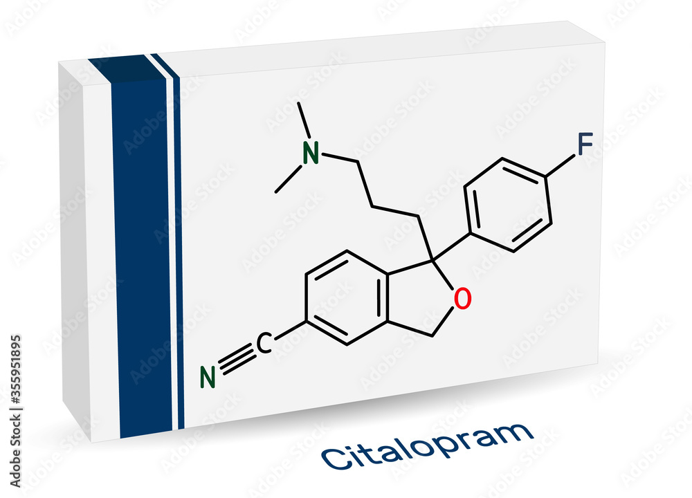 Sticker Citalopram, C20H21FN2O molecule. It is antidepressant, selective serotonin reuptake inhibitor (SSRI) class, is widely used to treat symptoms of depression. Paper packaging for drugs.