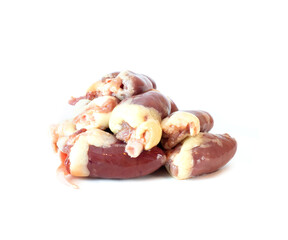 Raw fresh meat chicken offals - few hearts isolated on white