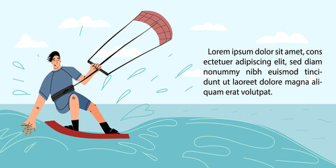 Young smiling kite surfer having fun riding a wave on seascape background web banner template.