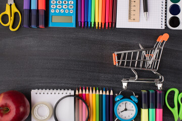 Back to school stationery shopping concept. Start of studies concept. Top above overhead view photo...
