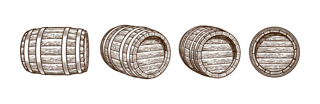 Vintage set of old wooden barrels in different positions. Hand drawn engraving style vector illustrations.
