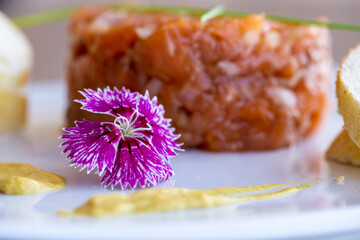 Homemade Salmon Tartare dish by amateur chef for culinary blogs, decorated with eatable purple flower and mostard.