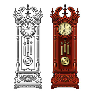 Antique grandfather pendulum clock. Hand drawn black and white and colored vector illustration.