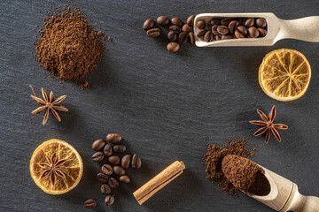 Food, drink caffeine background. Dark coffee beans for cup of black espresso breakfast in cafe. Morning energy concept and cheerfulness or evening refreshment. Copy space, top view