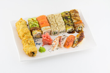 Close-up of traditional Japanese sushi on a white background. Design of the sushi bar menu. Japanese cuisine.