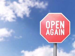 Open again - Road sign on blue sky background