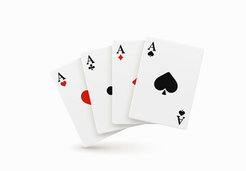 Realistic vector design of winning hand four ace. Playing poker. Set of four of a kind aces playing cards. Combination in poker consisting of four cards of the same value kicker.