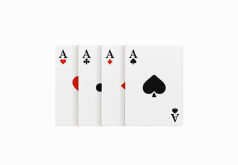 Realistic vector design of winning hand four ace. Playing poker. Set of four of a kind aces playing cards. Combination in poker consisting of four cards of the same value kicker.