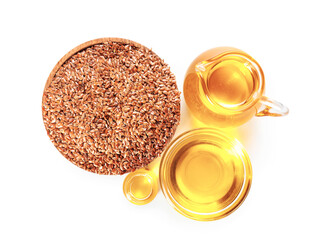 Composition with flax oil on white background