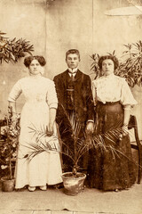 Germany - CIRCA 1900s: Group portrait shot of two female and man in studio with palm tree plants. Vintage Carte de Viste Victorian Edwardian era photo