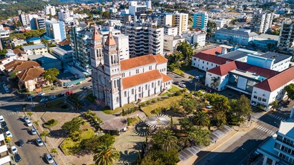 Obraz premium Farroupilha city center - RS. Aerial view of the cathedral and the city center of Farroupilha, Rio Grande do Sul, Brazil