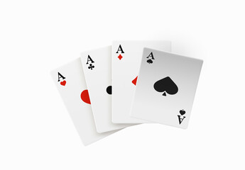 Realistic vector design of winning hand four ace. Playing poker. Set of four of a kind aces playing cards. Combination in poker consisting of four cards of the same value kicker.