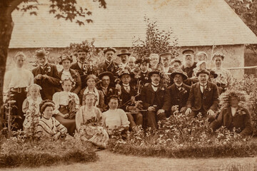 RUSSIA - CIRCA 1905 - 1910: Group photo of party guests. Vintage historical archive Carte de Viste Edwardian era photo