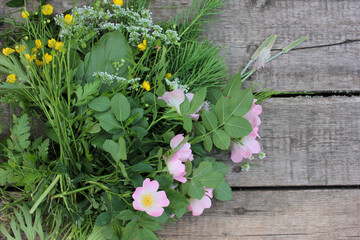 Bunch of green wild plants, pink rose hips, and yellow buttercups flowers on a rough wooden table. Summer still life

